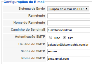 Tela de configuração de e-mail do Joomla